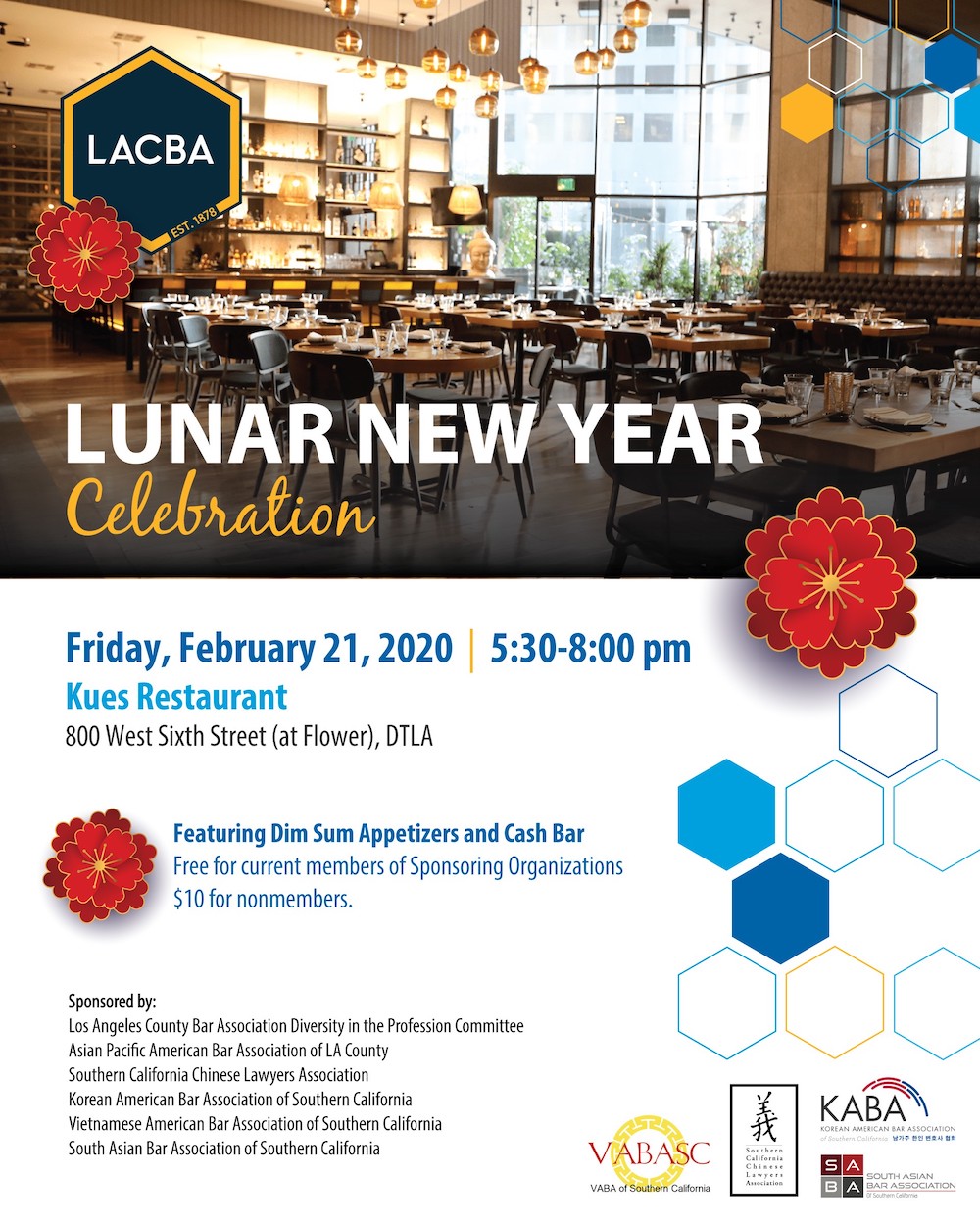 SABA-SC is co-sponsoring a Lunar New Year Celebration on February 21 from 5:30 to 8:00 p.m. at Kues Restaurant, 800 West Sixth Street (at Flower), DTLA.