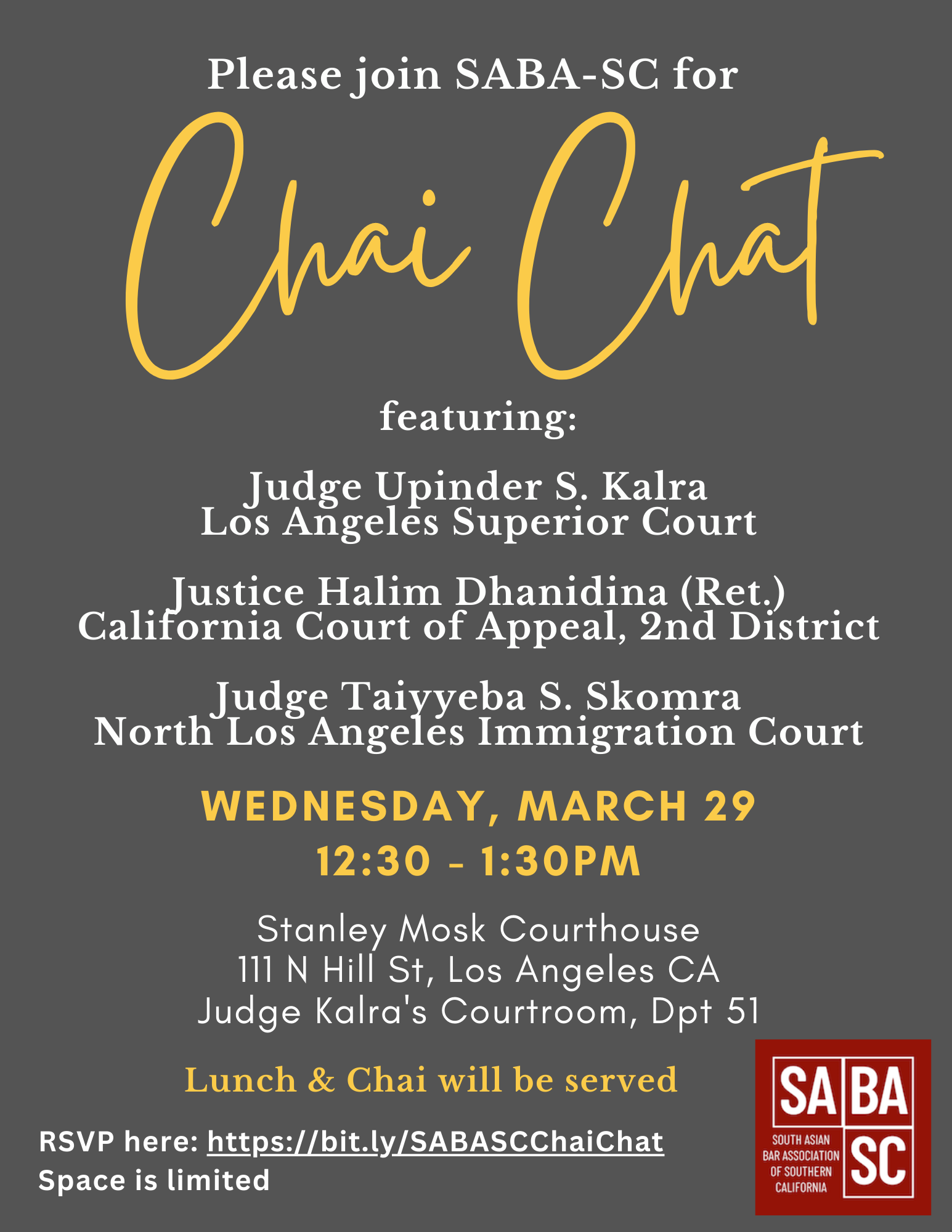 SABA-SC Chai Chat - Wednesday, March 29, 2023, 12:30-1:30 PM, Stanley Mock Courthouse